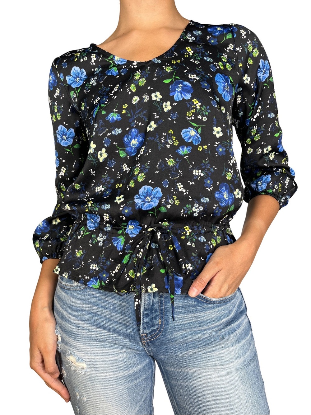 Banana Republic Black Blue Floral Peplum Blouse Top Medium Tall